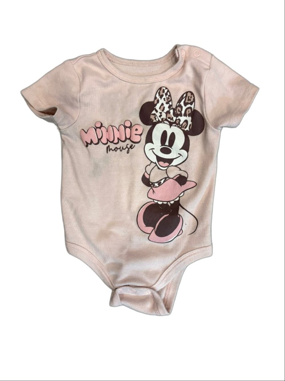 Disney Baby Light Pink Minnie Mouse Leopard Bow Bodysuit (Size 12M)